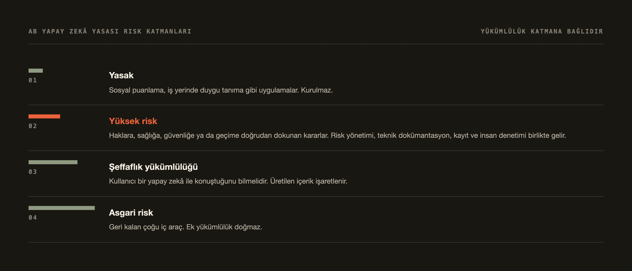 AI Act'in dört risk katmanı: yasak, yüksek risk, şeffaflık yükümlülüğü ve asgari risk; yükümlülükler katmana göre değişiyor.