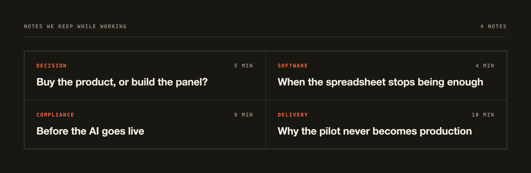 The four notes on the blog: buy or build, when the spreadsheet stops being enough, before the AI goes live, why the pilot never becomes production.