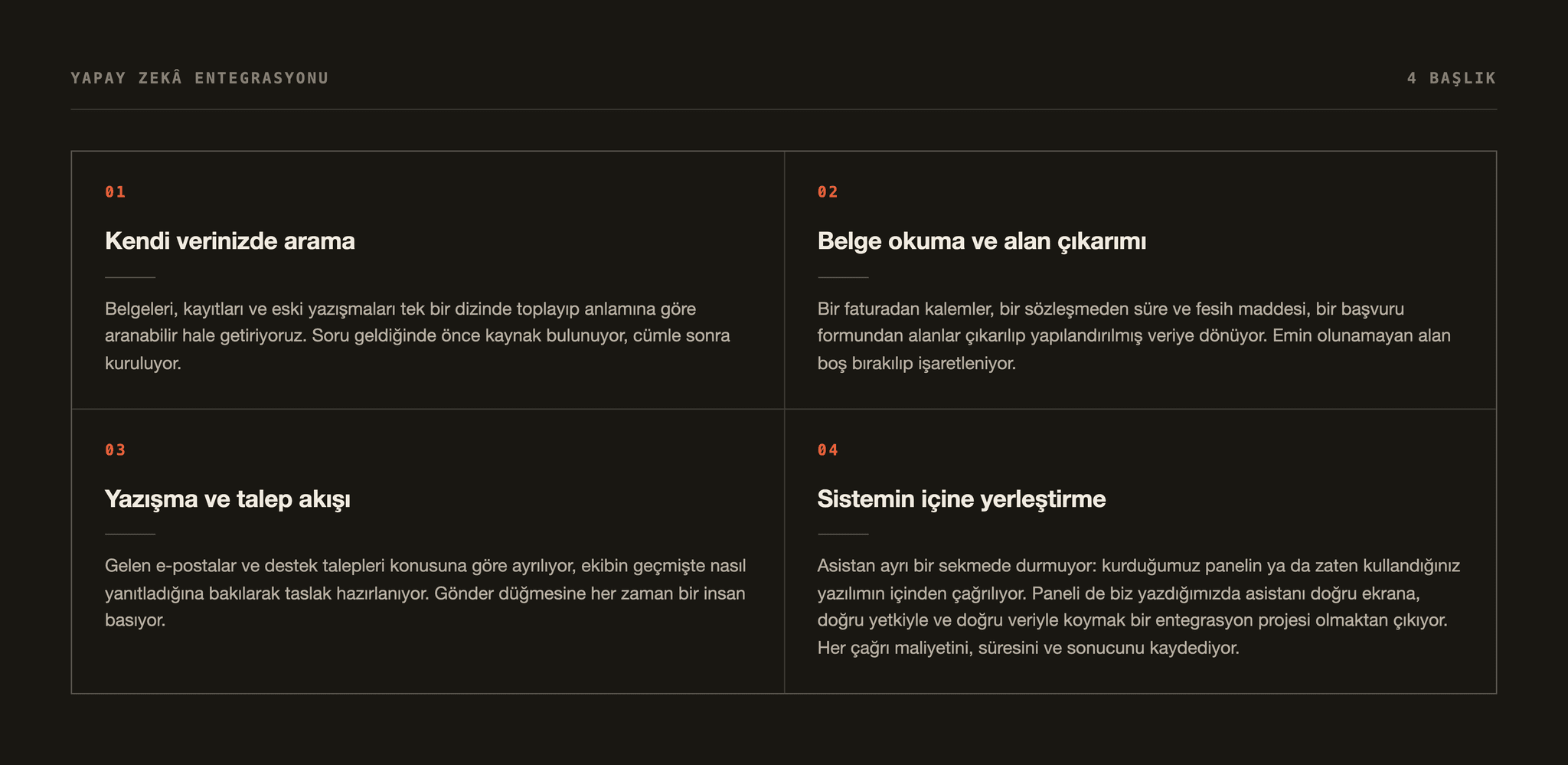 Yapay zekâ entegrasyonunda dört başlık: kendi verinizde arama, belge okuma ve alan çıkarımı, yazışma ve destek talebi akışı, sistemin içine yerleştirme.
